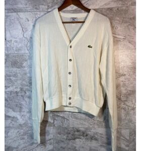 Vintage Izod Lacoste Orlon Cardigan Sweater White V-Neck Men's Large